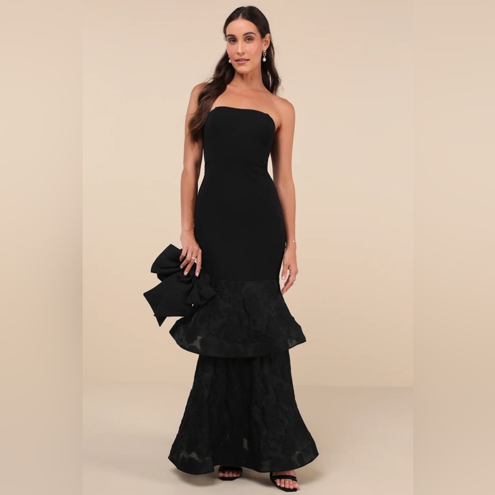 Lulus Immense Drama Black Strapless Tiered Jacquard Maxi Dress